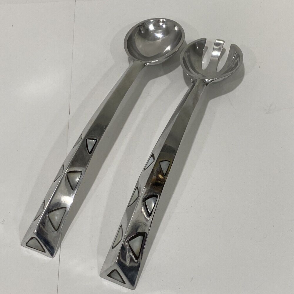 Mod Silver Tone Serving Fork & Spoon Set White Stone Shell Inlay Made in India